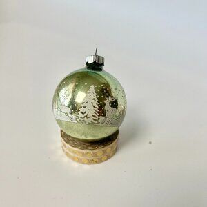 Vintage Green Christmas Glass Reindeer Tree Snow Scene Shiny Brite Ornament